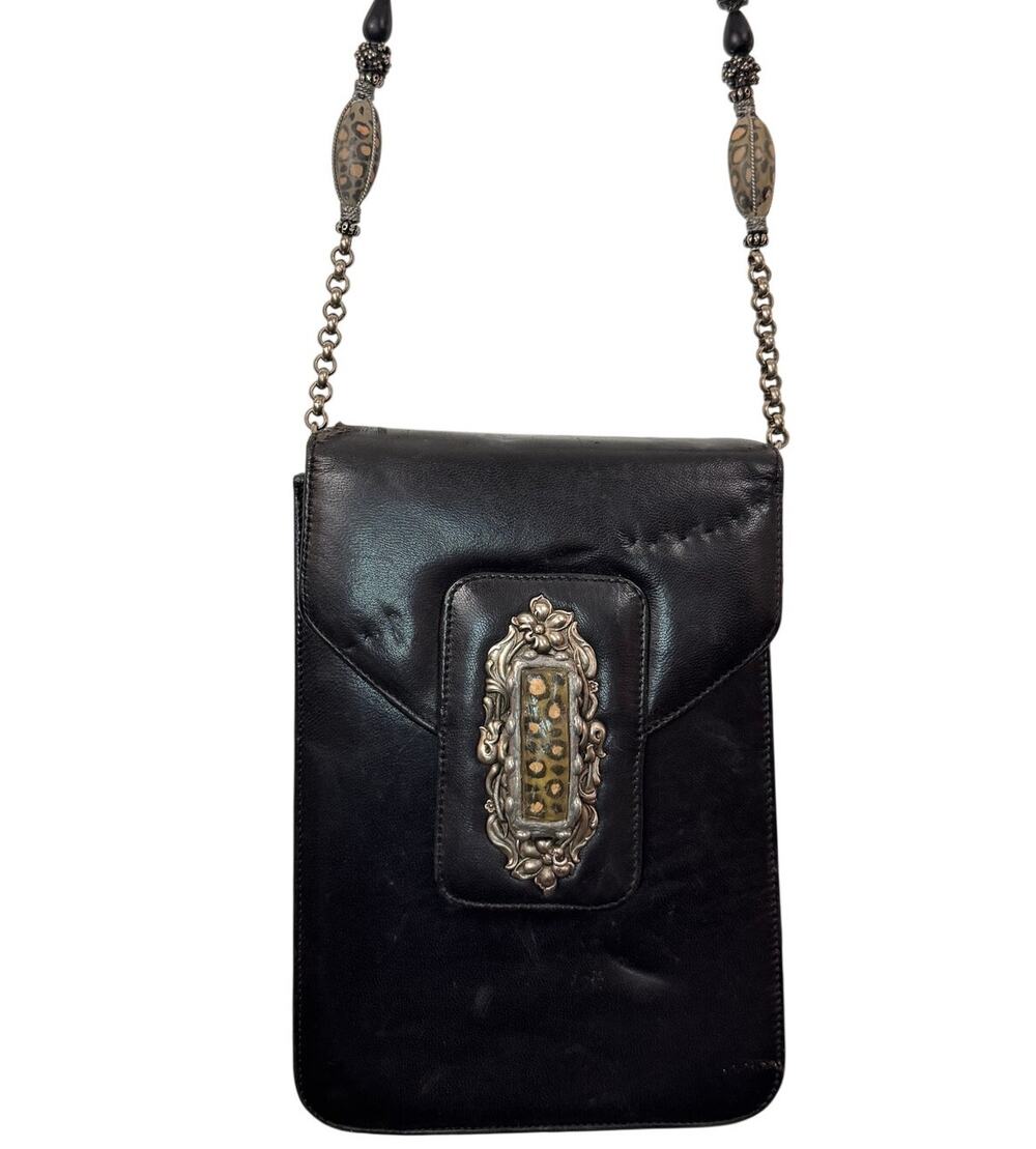 Vintage OOAK Handbag Navy Blue Leather Ornate Snap Chain Strap Crossbody Bag